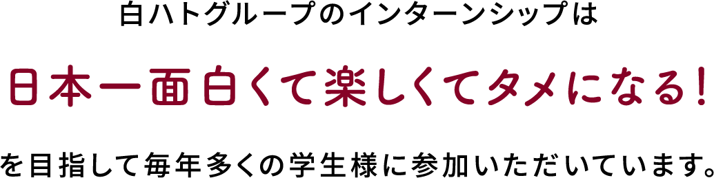 白ハトグループのインターンシップは日本一面白くて楽しくてタメになる！を目指して毎年多くの学生様に参加いただいています。